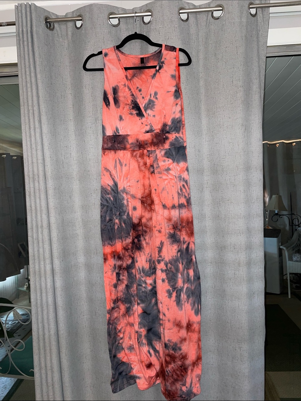 Sleeveless Coral Tie-Dye Maxi Dress with Waist Tie